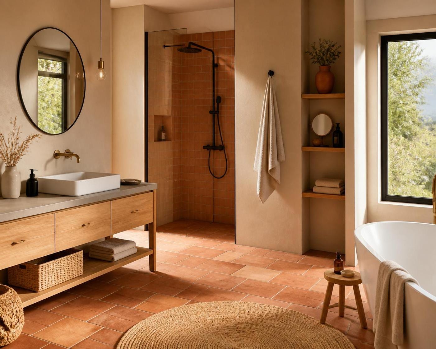 découvrez comment créer une ambiance chaleureuse dans votre salle de bain avec des tons terracotta et beige pour un espace cosy et élégant.