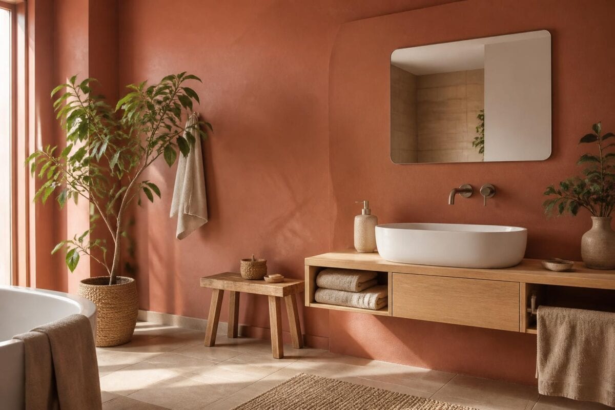 découvrez comment créer une ambiance chaleureuse dans votre salle de bain grâce à une palette de tons terracotta et beige, pour un espace cosy et élégant.