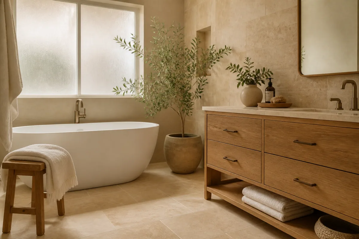 Travertin et bois : le duo gagnant pour une salle de bain chaleureuse