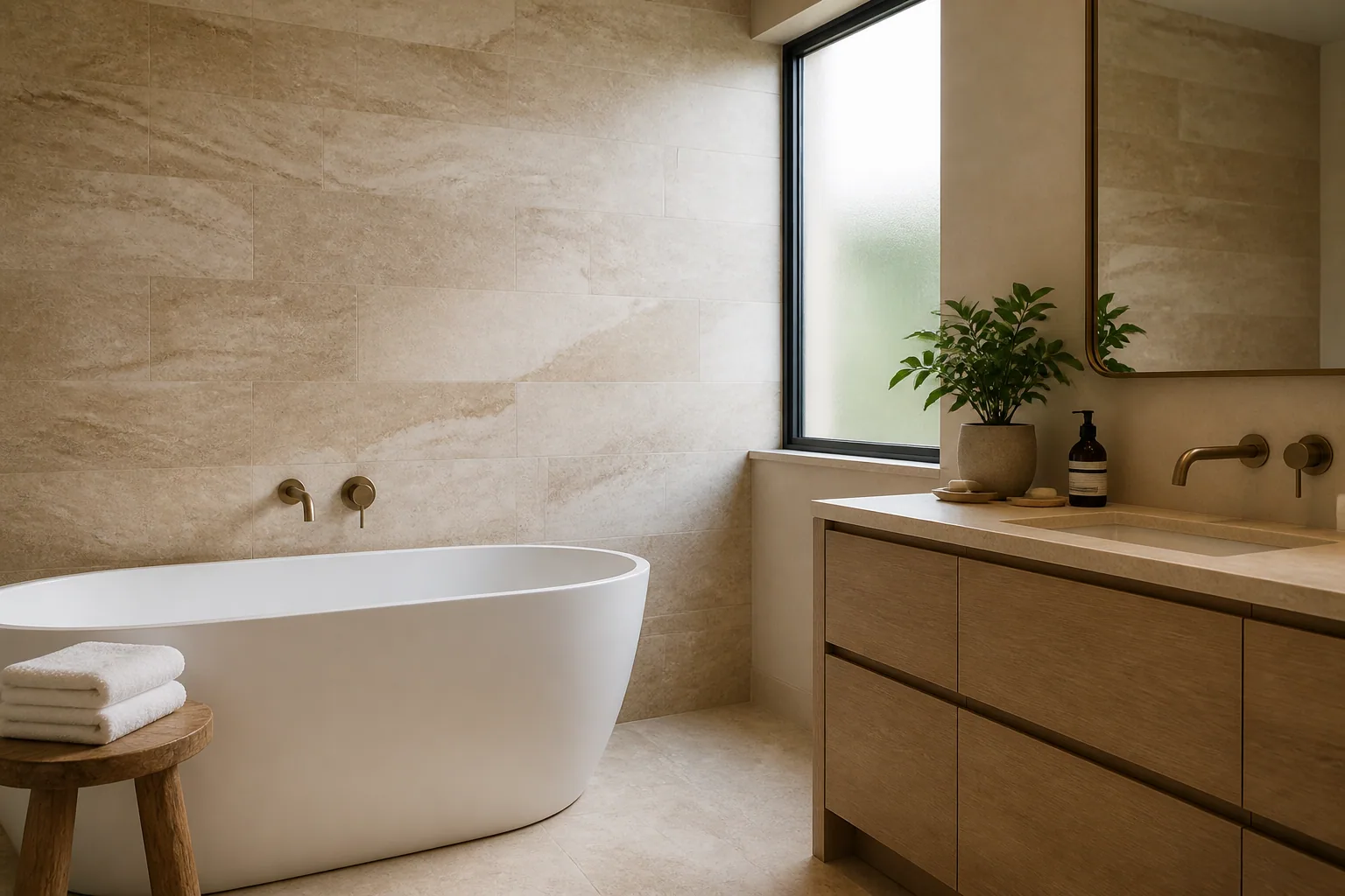 Travertin et bois : le duo gagnant pour une salle de bain chaleureuse