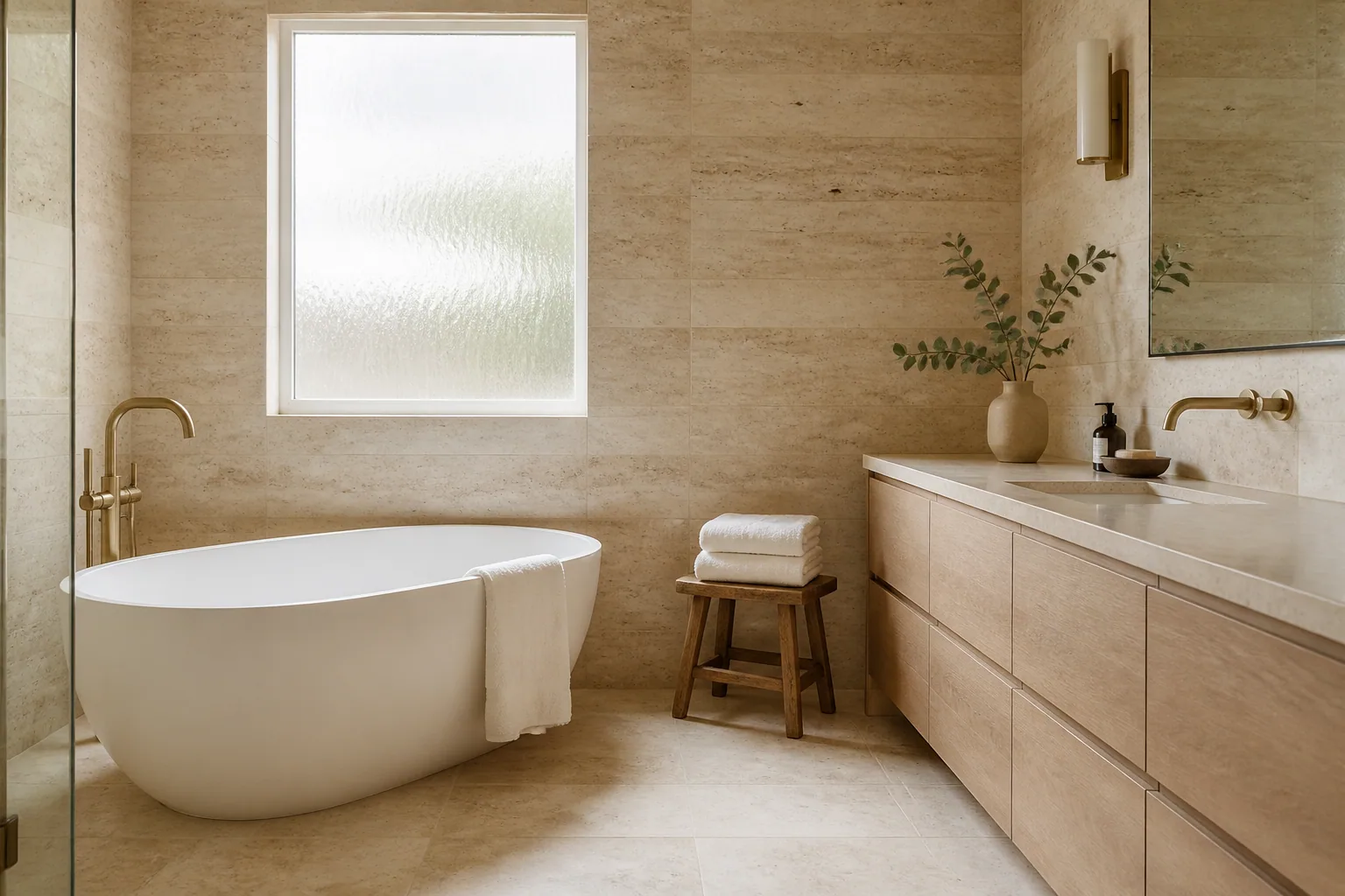 Travertin et bois : le duo gagnant pour une salle de bain chaleureuse