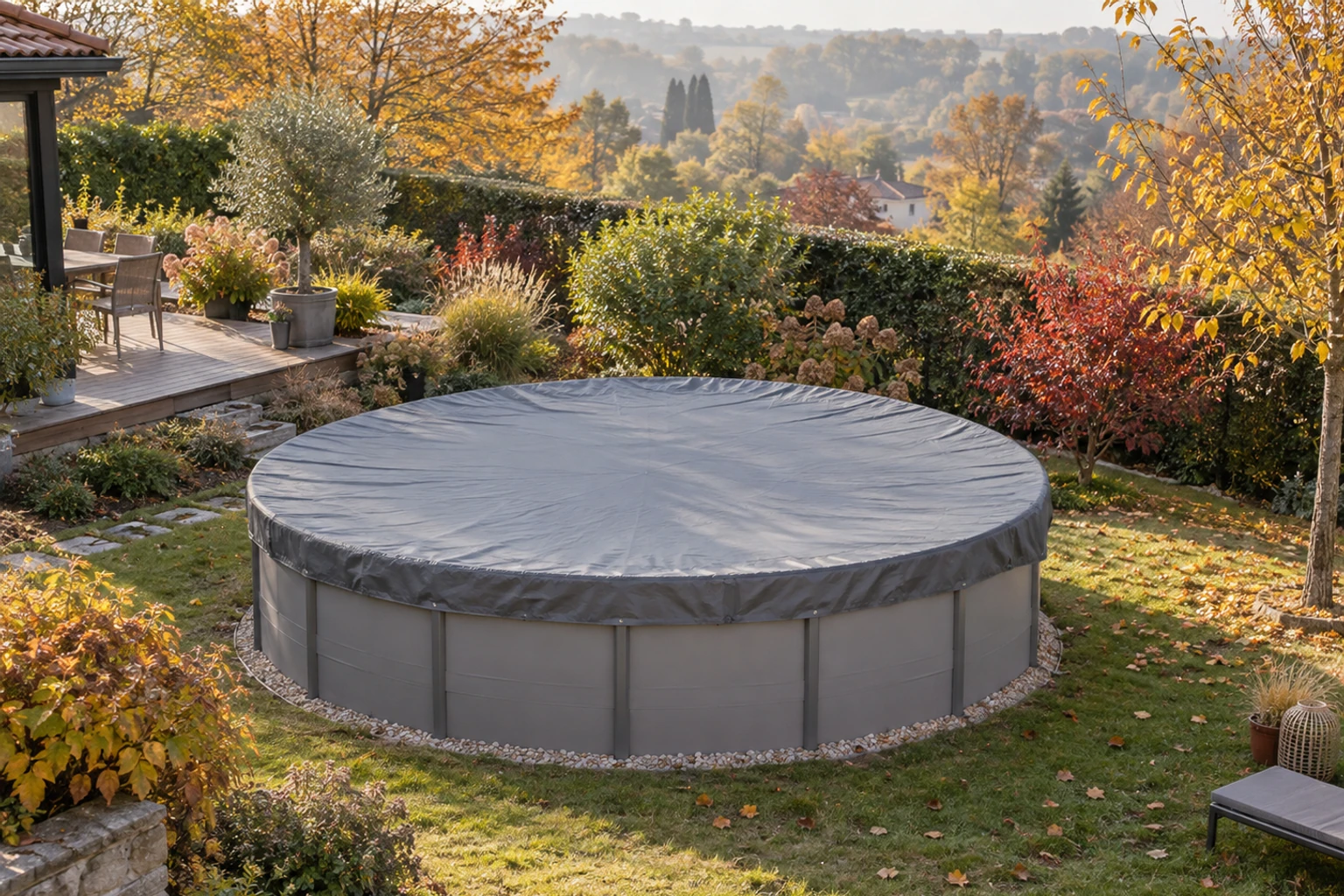 Piscine hors sol ronde couverte d'une bâche grise dans un jardin automnal