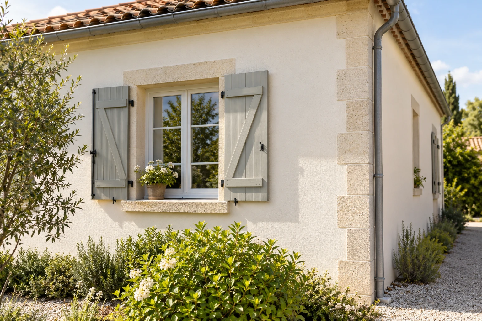 Façade rénovée isolée, mur enduit clair, volets gris, fenêtre avec pot de fleurs