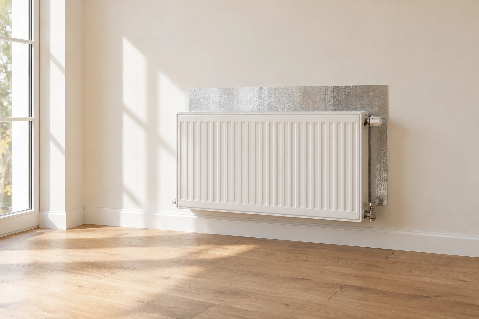Radiateur mural blanc avec panneau réfléchissant argenté posé contre mur clair, lumière naturelle