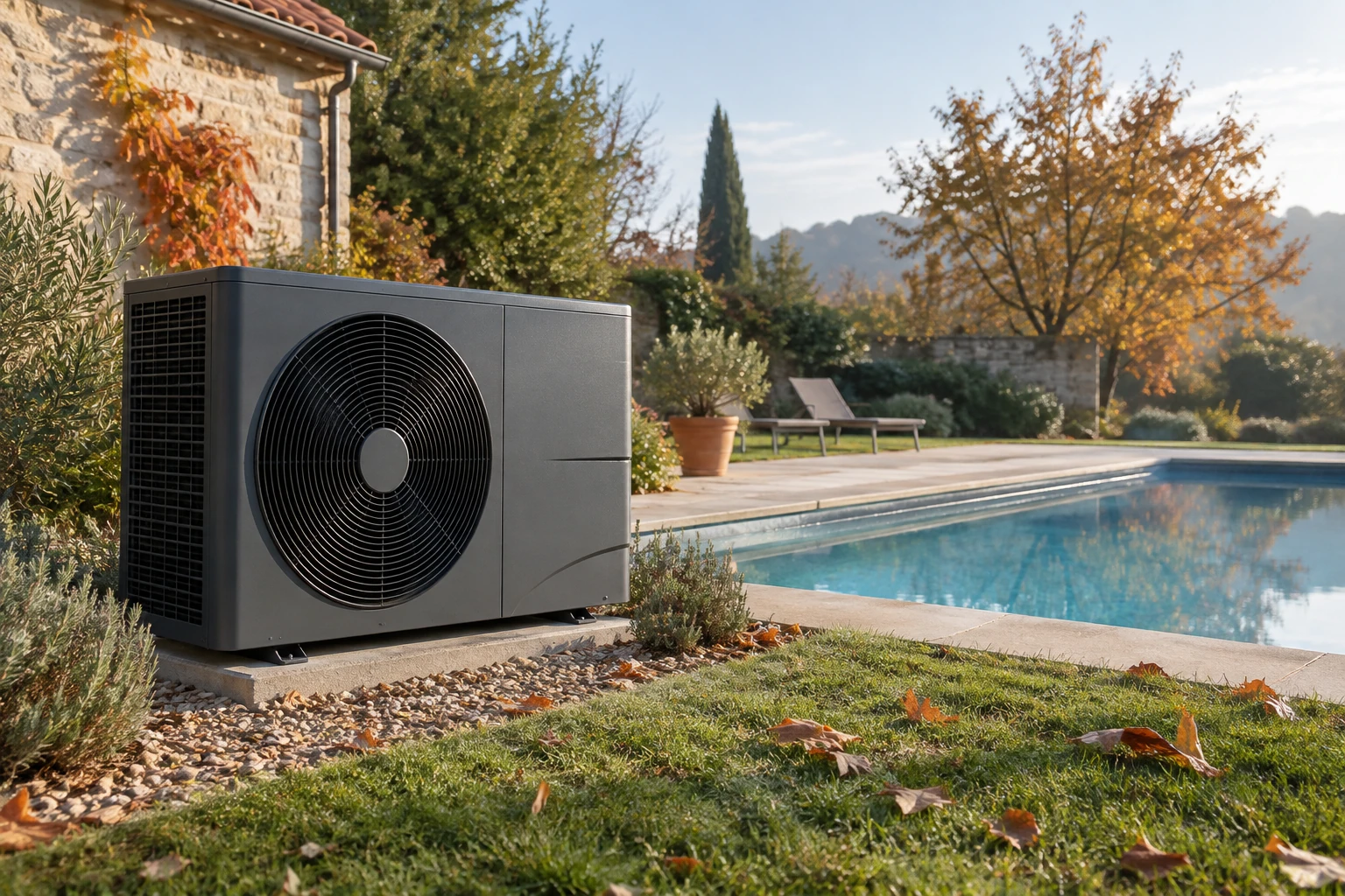 Pompe à chaleur de piscine grise près d'une piscine extérieure en automne
