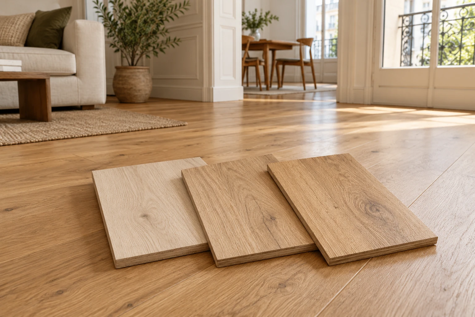 Trois lames d'échantillon de parquet posées sur un sol en chêne clair dans un salon lumineux